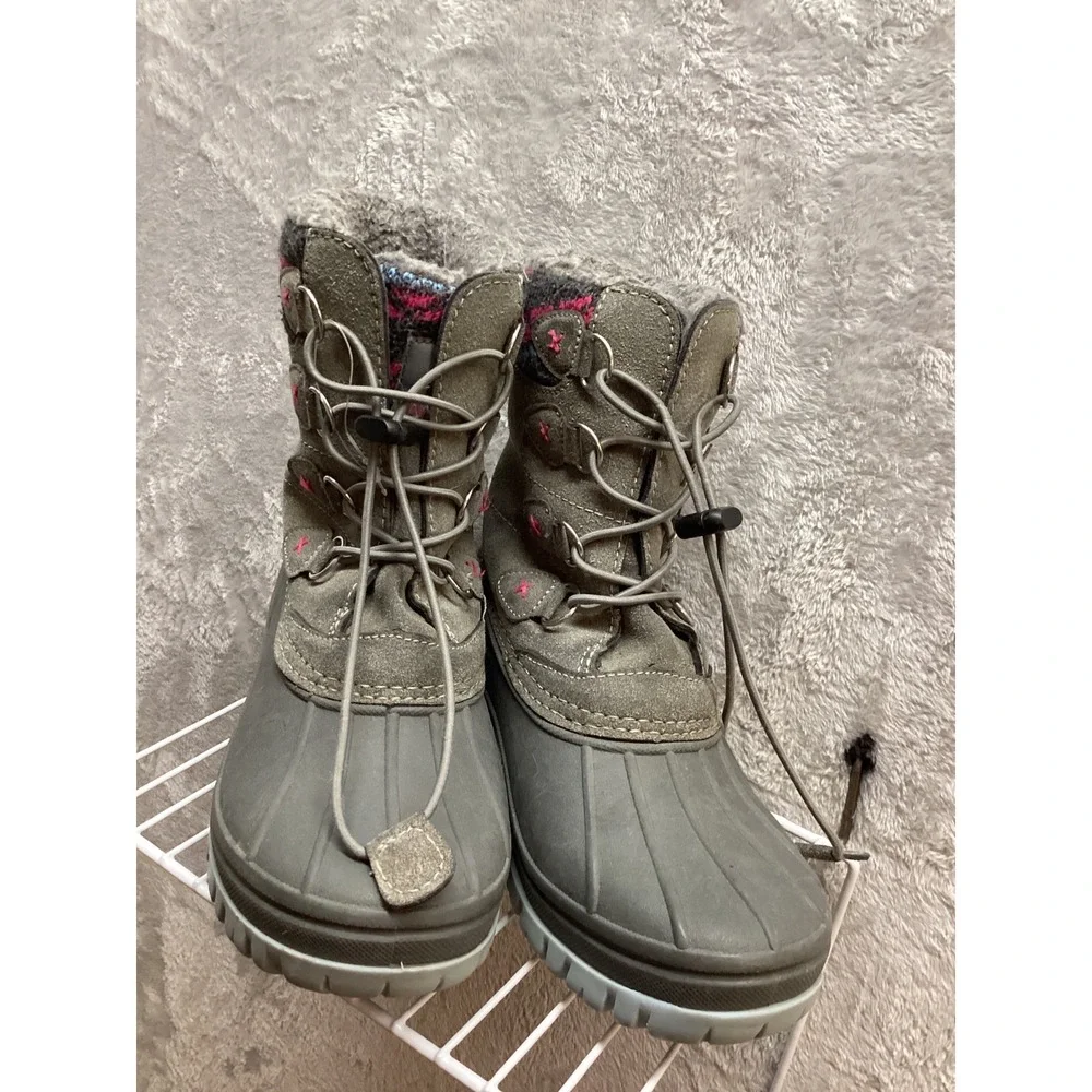 Kids Winter Boots Size 2 Grey Pink Insulated Waterproof Snow Boots